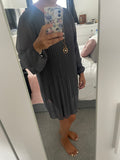 Long sleeve pleated necklace mini shift dress