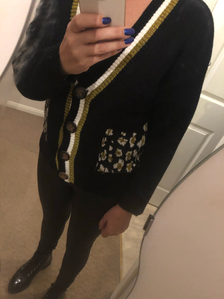 leopard pocket stripe trim cardigan