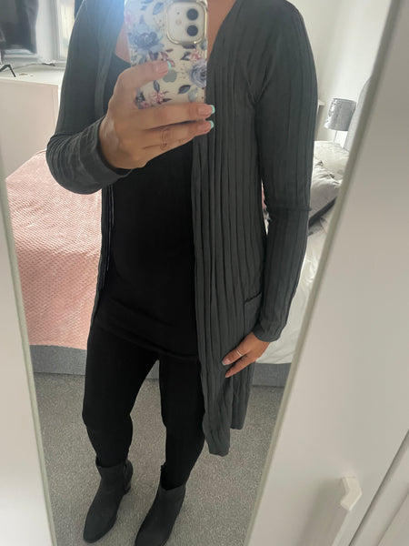 Ribbed mid length pocket cardigan