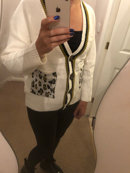leopard pocket stripe trim cardigan
